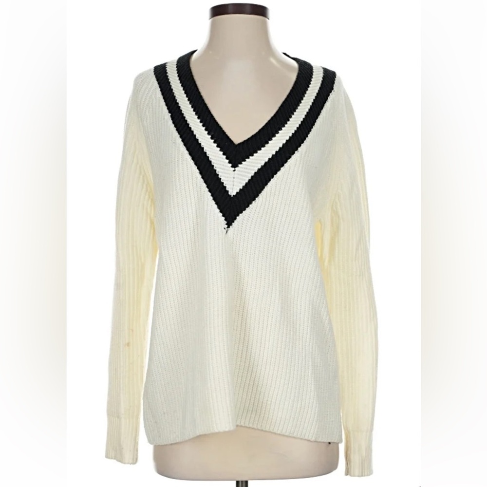 Cream V-Neck Stripe Sweater